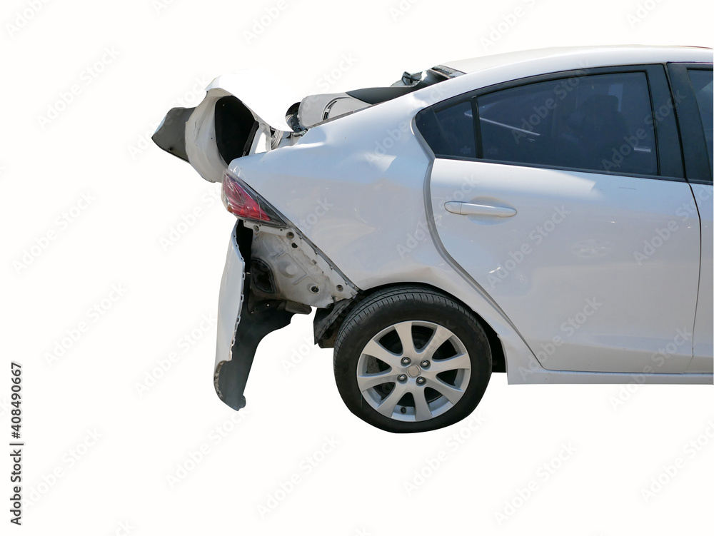 Wreck of car destroyed at the rear side isolated and clipping path