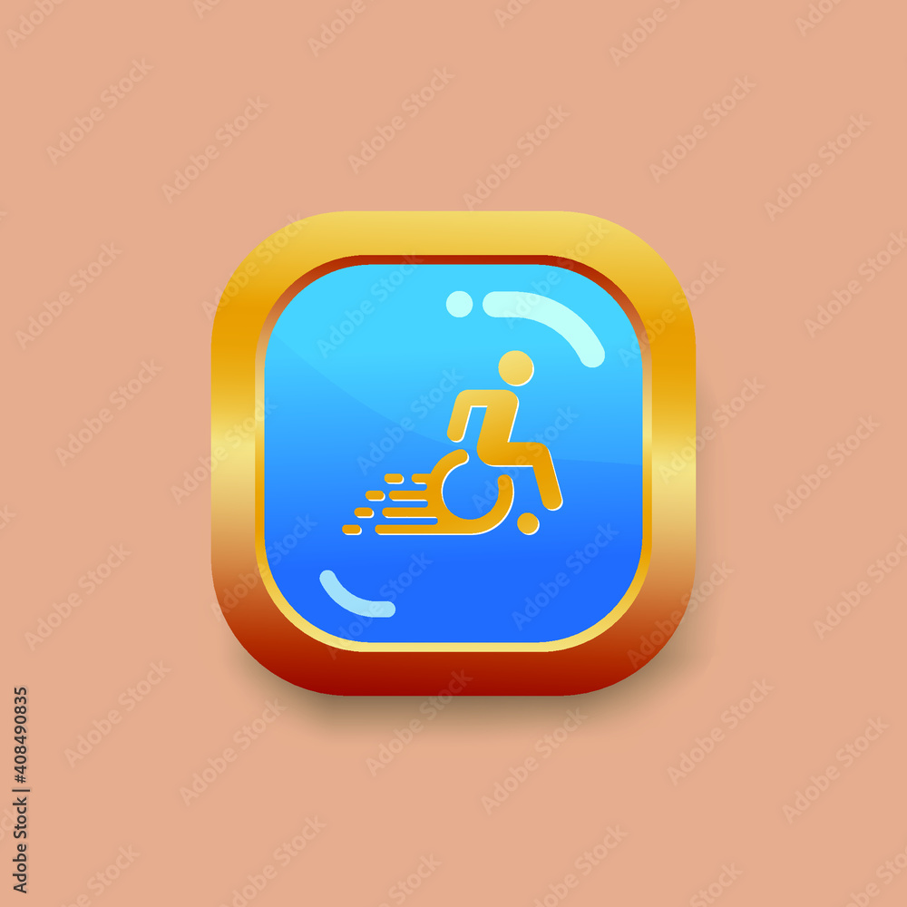 Speedy Wheelchair icon vector. Gold square button on Cream color background. Speedy Wheelchair icon vector. Gold square button on Cream color background.