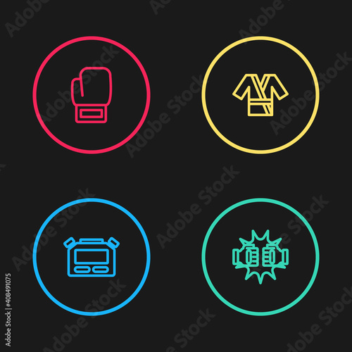 Set line Stopwatch, Punch in boxing gloves, Japanese costume Kimono and Boxing icon. Vector.