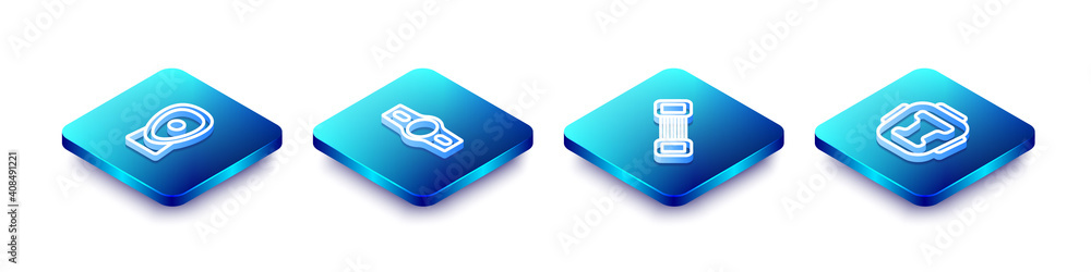 Set Isometric line Boxing training paws, belt, Chest expander and helmet icon. Vector. Set Isometric line Boxing training paws, belt, Chest expander and helmet icon. Vector.