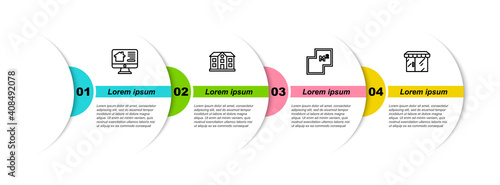 Set line Online real estate house, House, plan and Market store. Business infographic template. Vector.