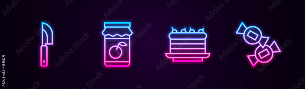 Set line Knife, Jam jar, Cake and Candy. Glowing neon icon. Vector. Set line Knife, Jam jar, Cake and Candy. Glowing neon icon. Vector.