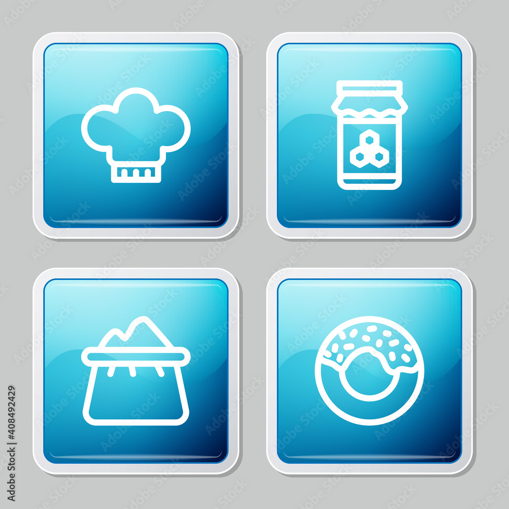 Set line Chef hat, Jar of honey, Bag flour and Donut icon. Vector.