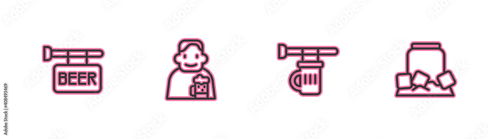 Set line Street signboard with Beer, Signboard glass of beer, Happy man and Cold can icon. Vector. Set line Street signboard with Beer, Signboard glass of beer, Happy man and Cold can icon. Vector.