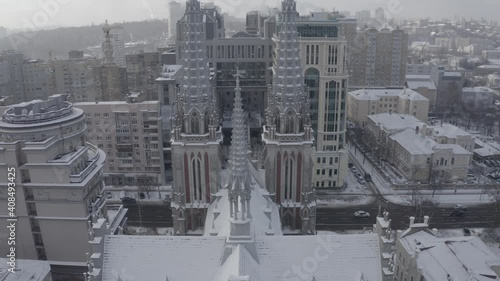 Drone aerial. Footage. Monuments of Roman Catholic Church of Saint Nicolas in Kyiv. 4k DLog-M Colour