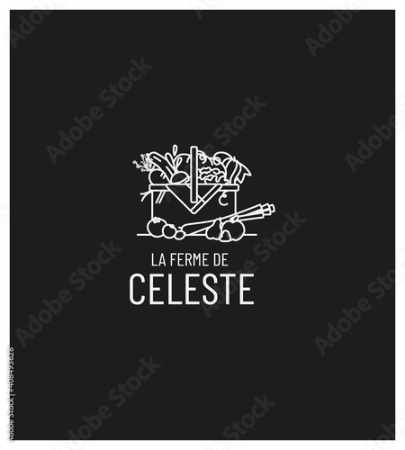 Production à la ferme de légumes et fruits bio de saison, identité visuelle, logo, tampon, motif, étiquette, mockup