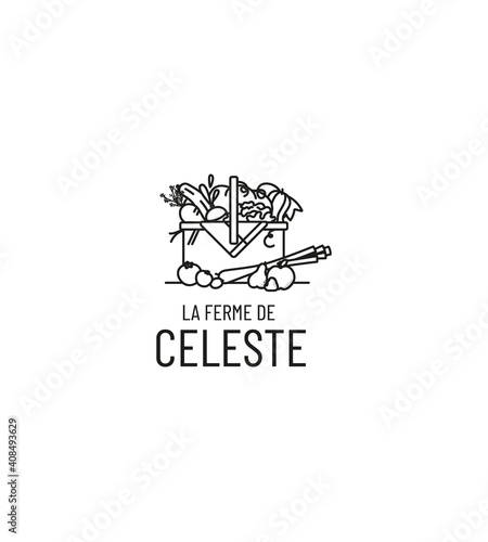 Production à la ferme de légumes et fruits bio de saison, identité visuelle, logo, tampon, motif, étiquette, mockup
