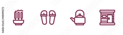 Set line Incense sticks, Kettle with handle, Flip flops and Sauna wooden bathhouse icon. Vector.