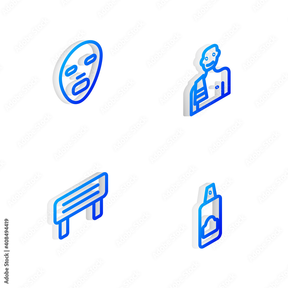 Set Isometric line Man in the sauna, Facial cosmetic mask, Sauna wood bench and Spray can for hairspray icon. Vector. Set Isometric line Man in the sauna, Facial cosmetic mask, Sauna wood bench and Spray can for hairspray icon. Vector.