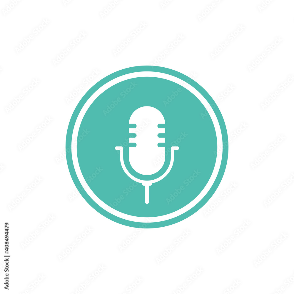 white microphone in green circle with audio waves icon. white microphone in green circle with audio waves icon.