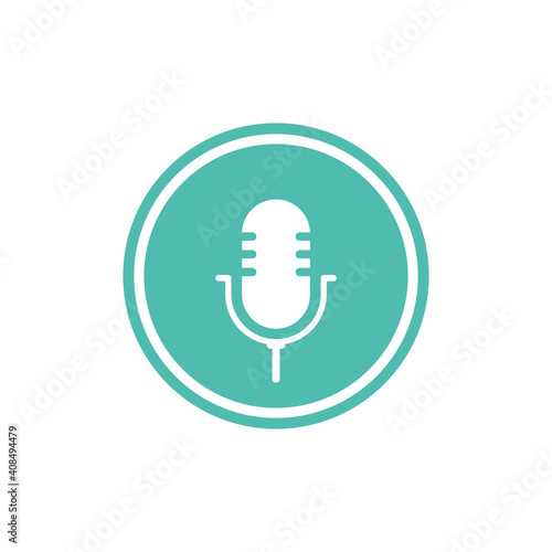 white microphone in green circle with audio waves icon.