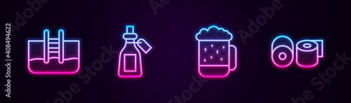 Set line Swimming pool with ladder, Essential oil bottle, Wooden beer mug and Toilet paper roll. Glowing neon icon. Vector.