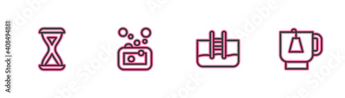 Set line Sauna hourglass, Swimming pool with ladder, Bar of soap and Cup tea tea bag icon. Vector.