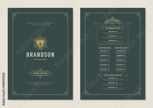 Menu design template with cover and restaurant vintage logo vector brochure.