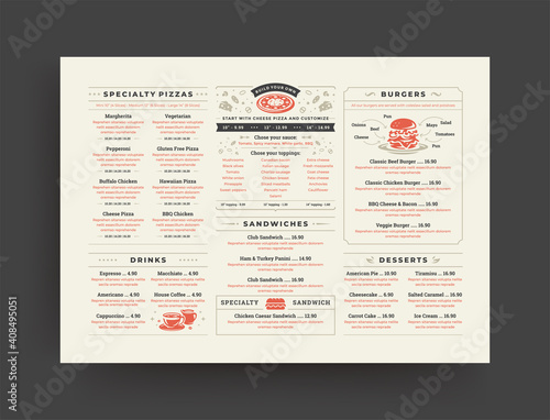 Pizza restaurant menu layout design brochure or food flyer template vector illustration.