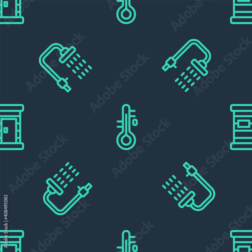 Set line Sauna thermometer, Shower and wooden bathhouse on seamless pattern. Vector.