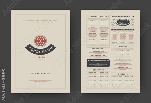 Pizza restaurant menu layout design brochure or food flyer template vector illustration.
