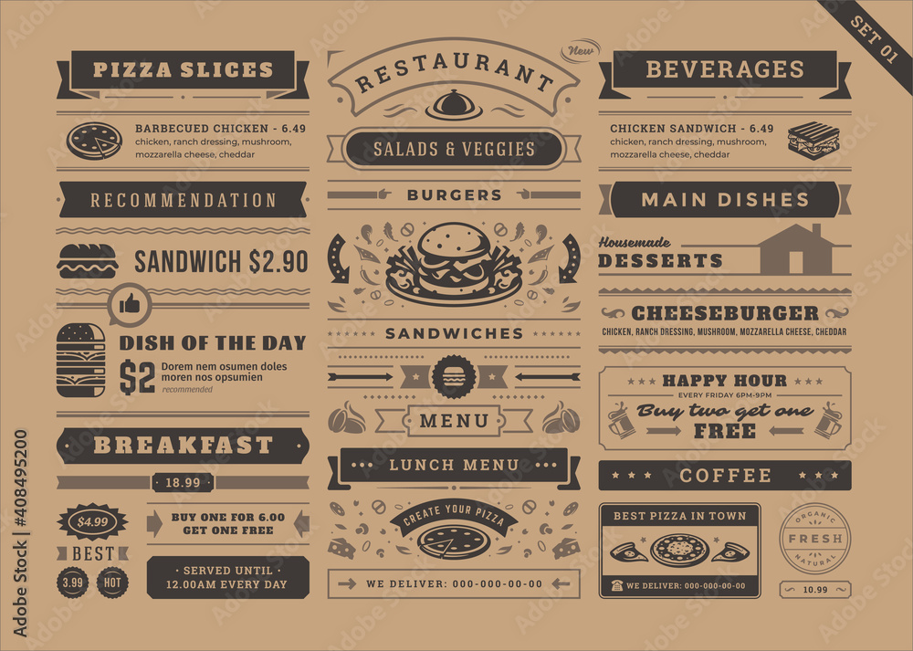 Restaurant menu typographic decoration design elements set vintage and ...