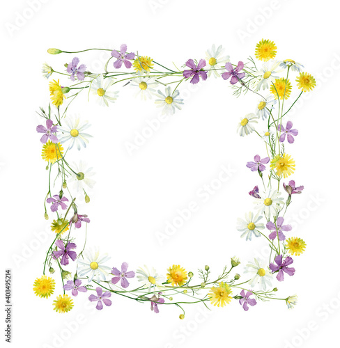 Watercolor frame of bright wildflowers on white background