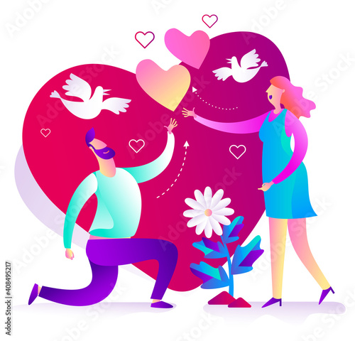 Vector illustration of greetings for Valentine's Day, wedding, proposal to marry or get engaged; love card.
