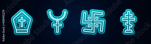 Set line Pope hat, Christian cross on chain, Hindu swastika and . Glowing neon icon. Vector.