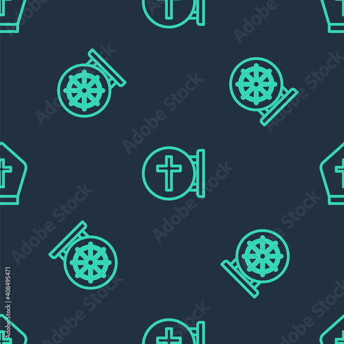 Set line Christian cross, Dharma wheel and Pope hat on seamless pattern. Vector.