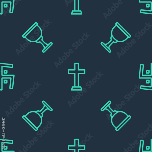 Set line Christian cross, Holy grail or chalice and Hindu swastika on seamless pattern. Vector.