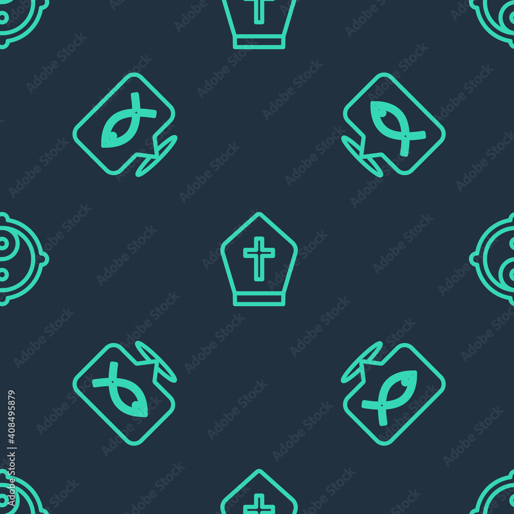 Set line Pope hat, Christian fish and Yin Yang on seamless pattern. Vector. Set line Pope hat, Christian fish and Yin Yang on seamless pattern. Vector.