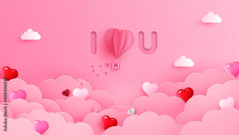 Happy Valentine's Day paper cut cards. Sparkling hearts and clouds with heart shaped hot air balloons