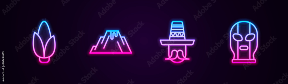 Set line Corn, Volcano eruption with lava, Mexican man sombrero and wrestler. Glowing neon icon. Vector. Set line Corn, Volcano eruption with lava, Mexican man sombrero and wrestler. Glowing neon icon. Vector.