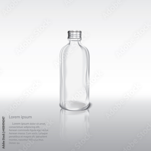 Clear glass bottle and metal bottle cap on light color background