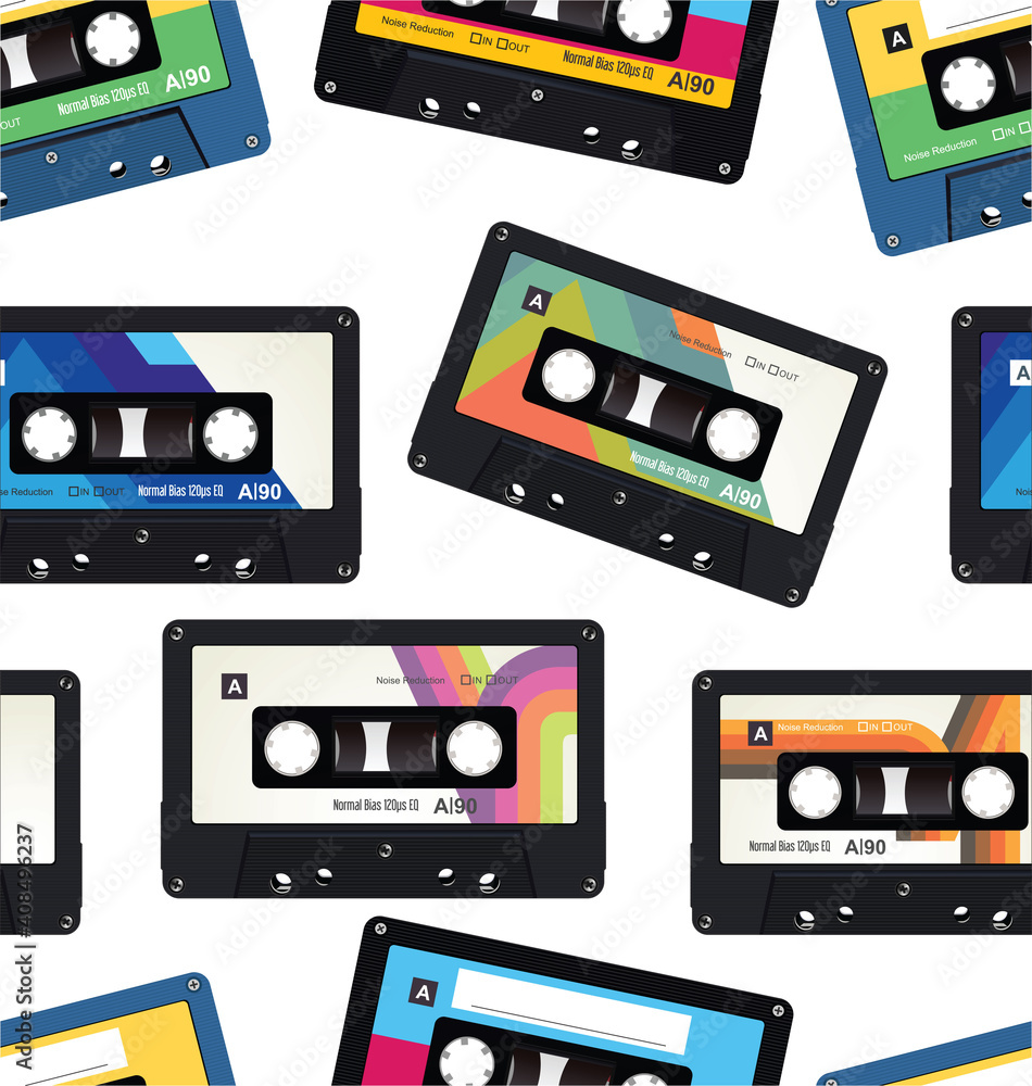 Naklejka premium Retro vintage cassette tape seamless background isolated on white
