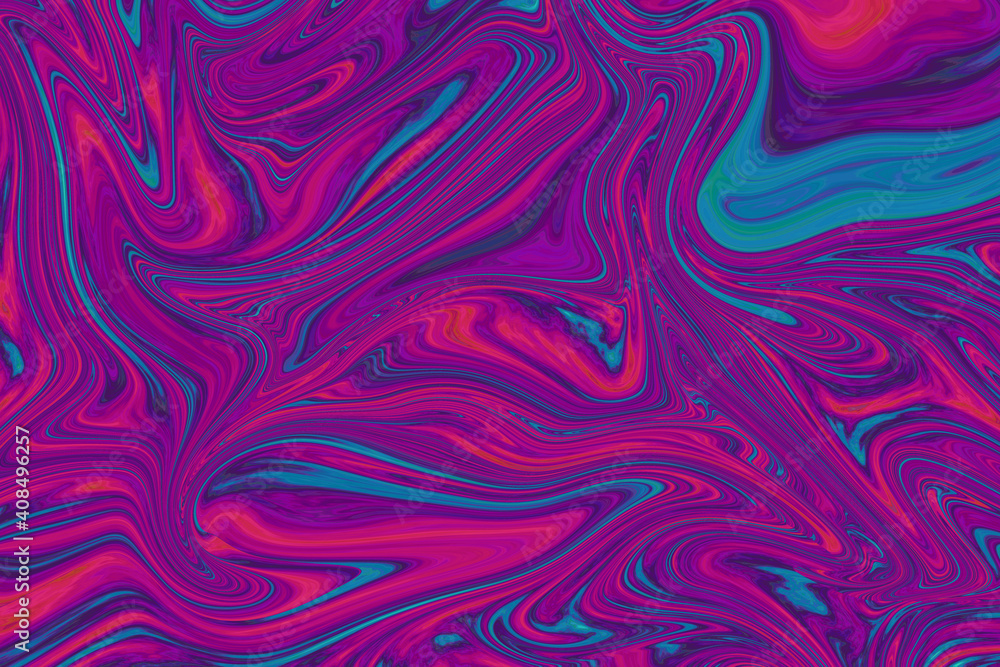 Psychedelic texture of liquid marble in fuchsia, purple and blue tones. Abstract and surreal background