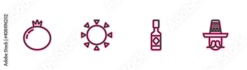 Set line Tomato, Tabasco sauce, Sun and Mexican man sombrero icon. Vector.