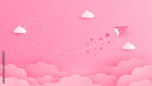 Concept of valentine day with paper plane flying on the sky , Paper art 3d. Vector illustration. 