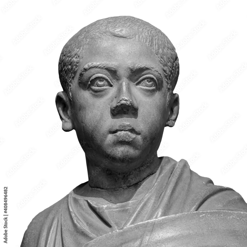 Ancient roman marble portrait of a boy. Young man head statue isolated on white background. Antique sculpture Ancient roman marble portrait of a boy. Young man head statue isolated on white background. Antique sculpture