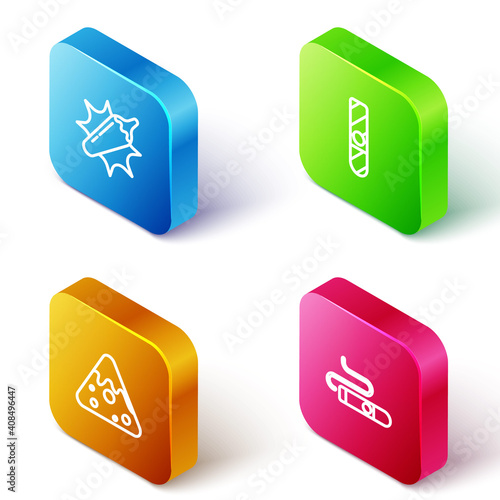 Set Isometric line Hot chili pepper pod, Cigar, Nachos and icon. Vector.