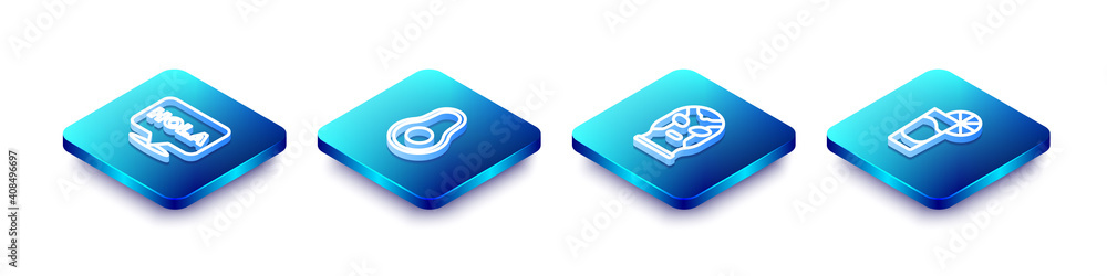 Set Isometric line Hola, Avocado fruit, Mexican wrestler and Tequila glass with lemon icon. Vector. Set Isometric line Hola, Avocado fruit, Mexican wrestler and Tequila glass with lemon icon. Vector.