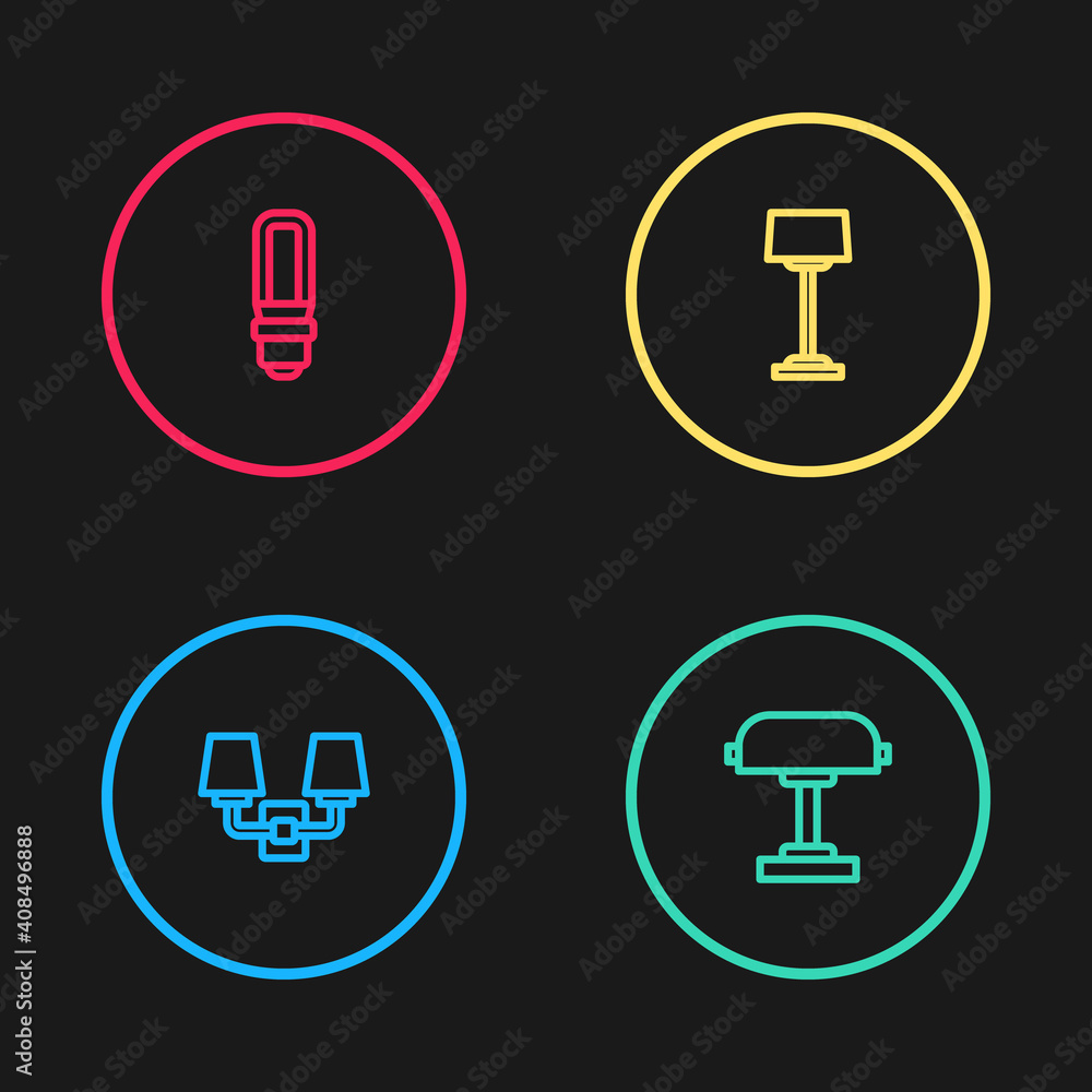 Set line Wall lamp or sconce, Table, Floor and LED light bulb icon. Vector. Set line Wall lamp or sconce, Table, Floor and LED light bulb icon. Vector.