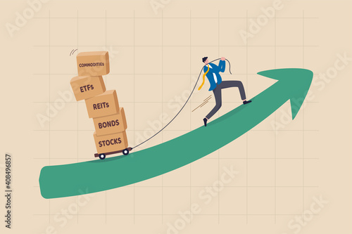 Investment assets or financial products for diversify portfolio, wealth management and asset allocation concept, smart investor pulling boxes with label stocks, ETFs, bonds, REITs and commodities.