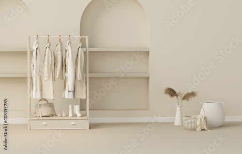 Clothes on grunge background, shelf on cream background. Collection of clothes hanging on a rack in neutral beige colors. 3d rendering, store and bedroom concept © Tiviland