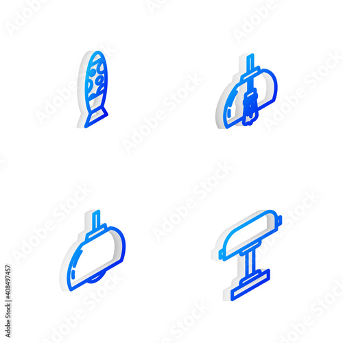Set Isometric line Chandelier, Floor lamp, and Table icon. Vector.
