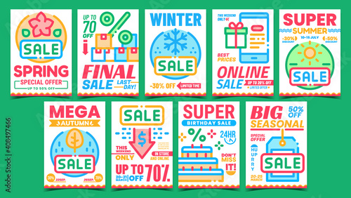 Cost Reduction Creative Promo Posters Set Vector. Summer And Autumn, Winter And Spring Sale, Online Big Seasonal And Birthday Selling Advertising Banners. Concept Template Style Color Illustrations