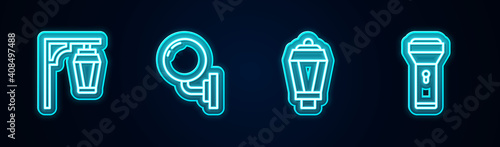 Set line Vintage street light, Wall lamp or sconce, Garden and Flashlight. Glowing neon icon. Vector.