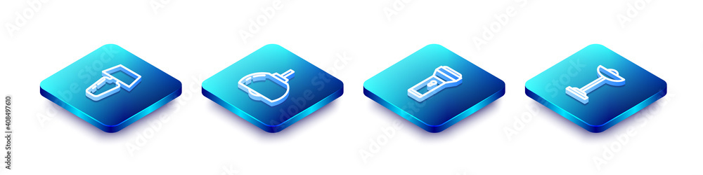Set Isometric line Table lamp, Chandelier, Flashlight and Floor icon. Vector. Set Isometric line Table lamp, Chandelier, Flashlight and Floor icon. Vector.