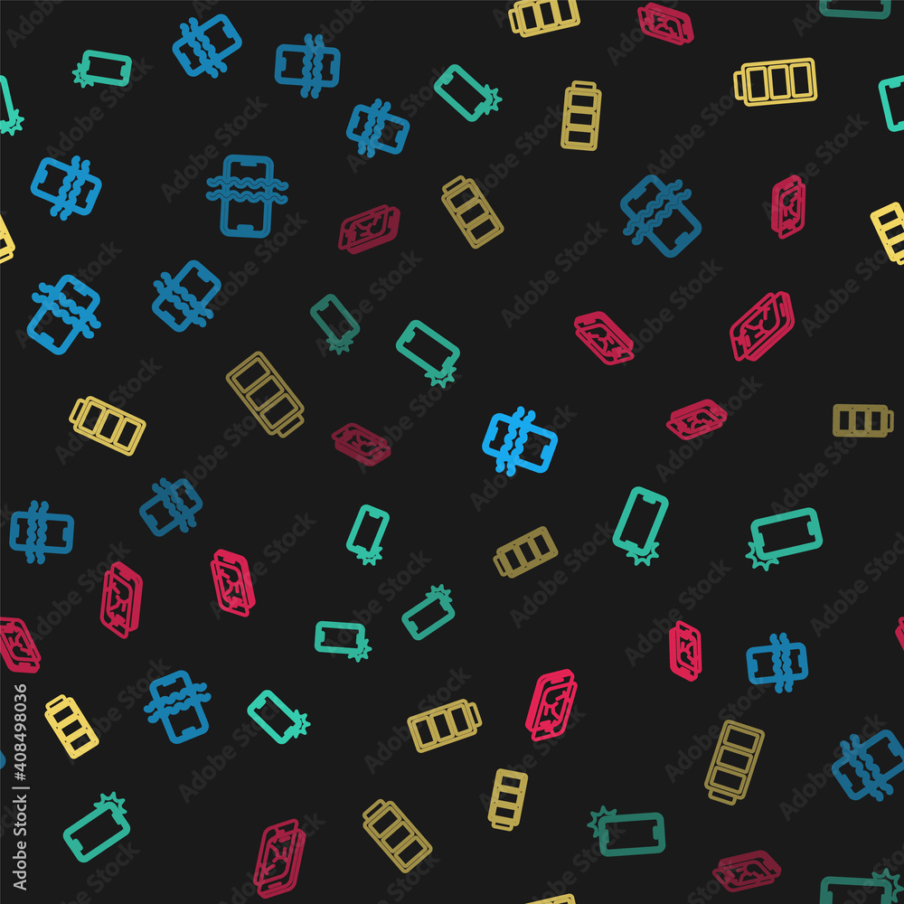 Set line Waterproof phone, Shockproof, Battery and Mobile with broken screen on seamless pattern. Vector. Set line Waterproof phone, Shockproof, Battery and Mobile with broken screen on seamless pattern. Vector.