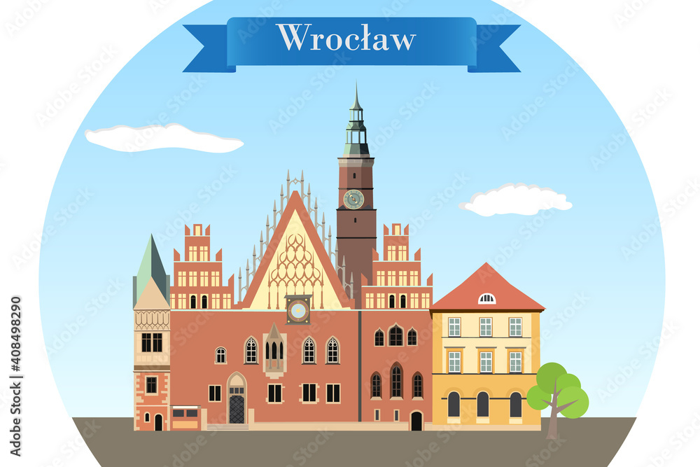 Gothic Town Hall of Wroclaw, Poland - detailed vector illustration