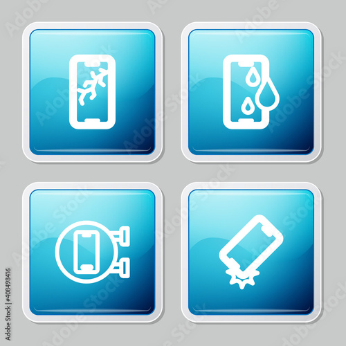 Set line Mobile with broken screen, Waterproof phone, Phone repair service and Shockproof icon. Vector.