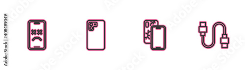 Set line Dead mobile, Mobile with broken screen, Smartphone and USB cable cord icon. Vector.