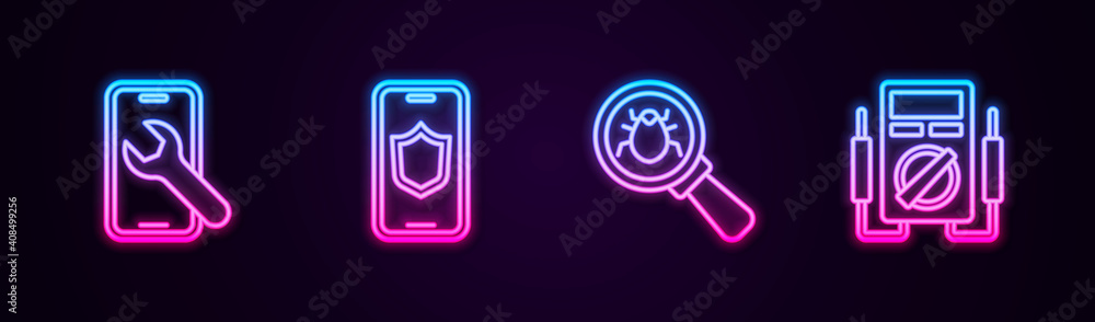 Set line Mobile service, with shield, System bug and Multimeter. Glowing neon icon. Vector. Set line Mobile service, with shield, System bug and Multimeter. Glowing neon icon. Vector.